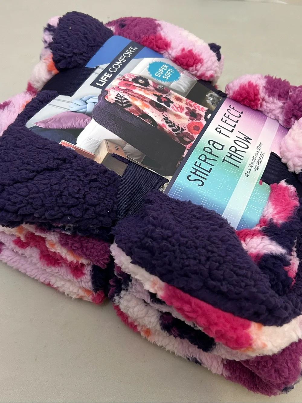 Life Comfort Kids Sherpa Fleece Throw 40 x 50 Purple Pink Floral NEW